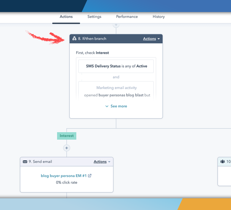 Use If/then branches or conditional logic in HubSpot automation to lead prospects into further actions as they engage more with the content